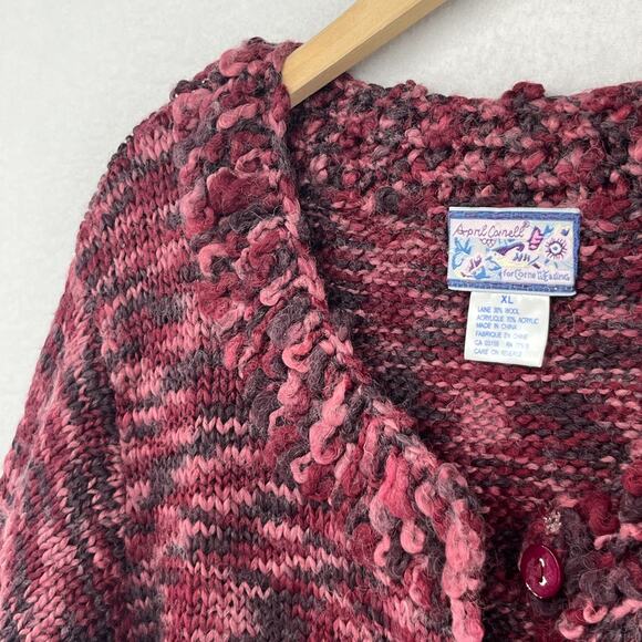 APRIL CORNELL Sweater XL Wool Blend Marled Button Up Cardigan Chunky Fringe Red - Picture 8 of 14